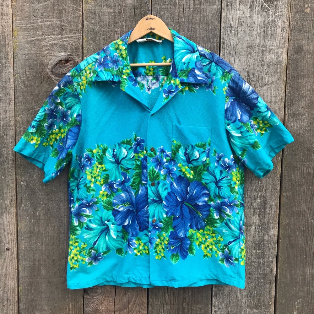 VTG 60s Kimo's Polynesian Shop Hawaiian Aloha Shirt Loop Collar Barkcloth XL